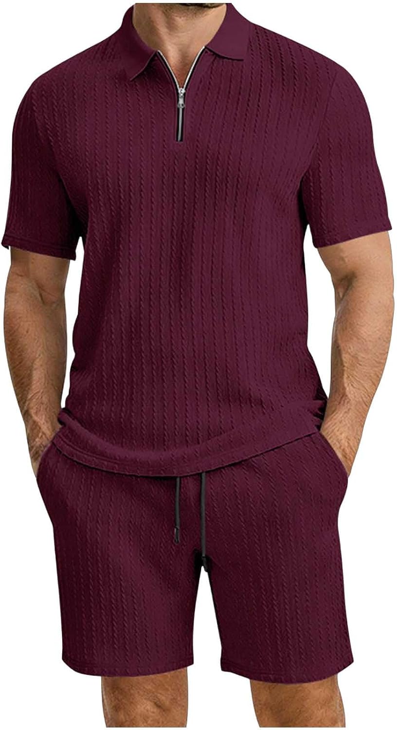 Cambkatl Jacquard 2 Piece Outfits for Men Half Zip Short Sleeve Lapel Golf Shirt Business Casual Matching Sets with Pockets