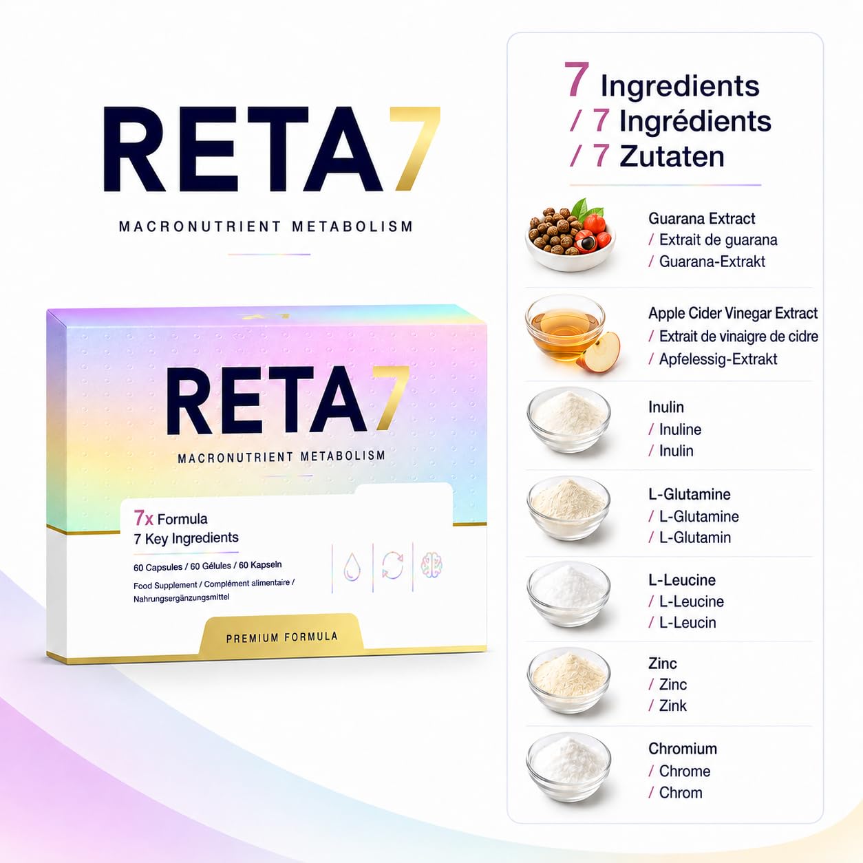 RETA7 G-Formula Nahrungsergänzungsmittel, 60 Kapseln, 3-fach Kapsel-Formel mit Guarana, Apfelessig-Extrakt, Inulin, Aminosäuren, Zink und Chrom