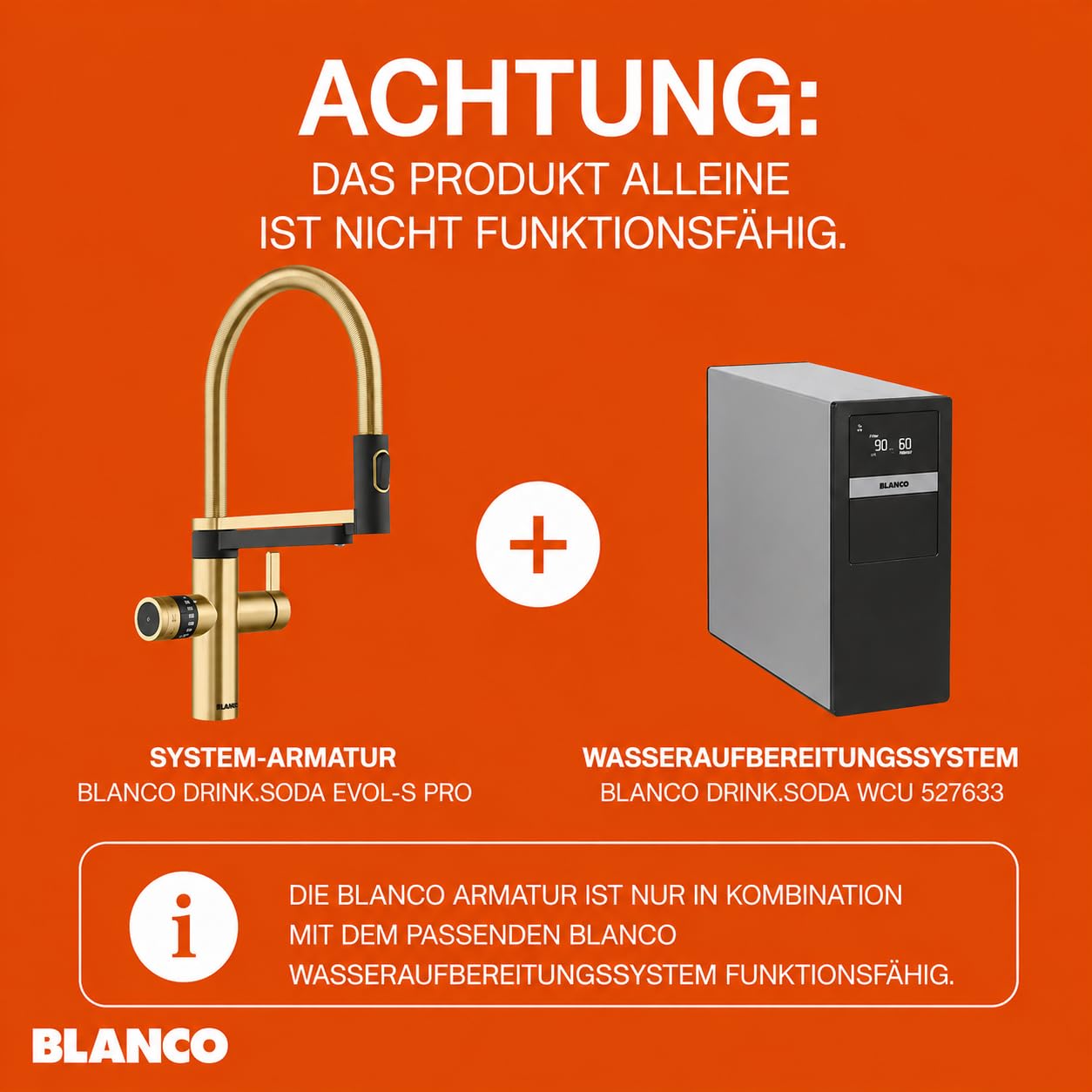 BLANCO drink.soda EVOL-S Pro | Bateria kuchenna Soda w kolorze satynowego złota | schłodzona woda w stanie cichym, medium i gazowana | w zestawie aplikacja | saturator wody | ustawienie ilości Click