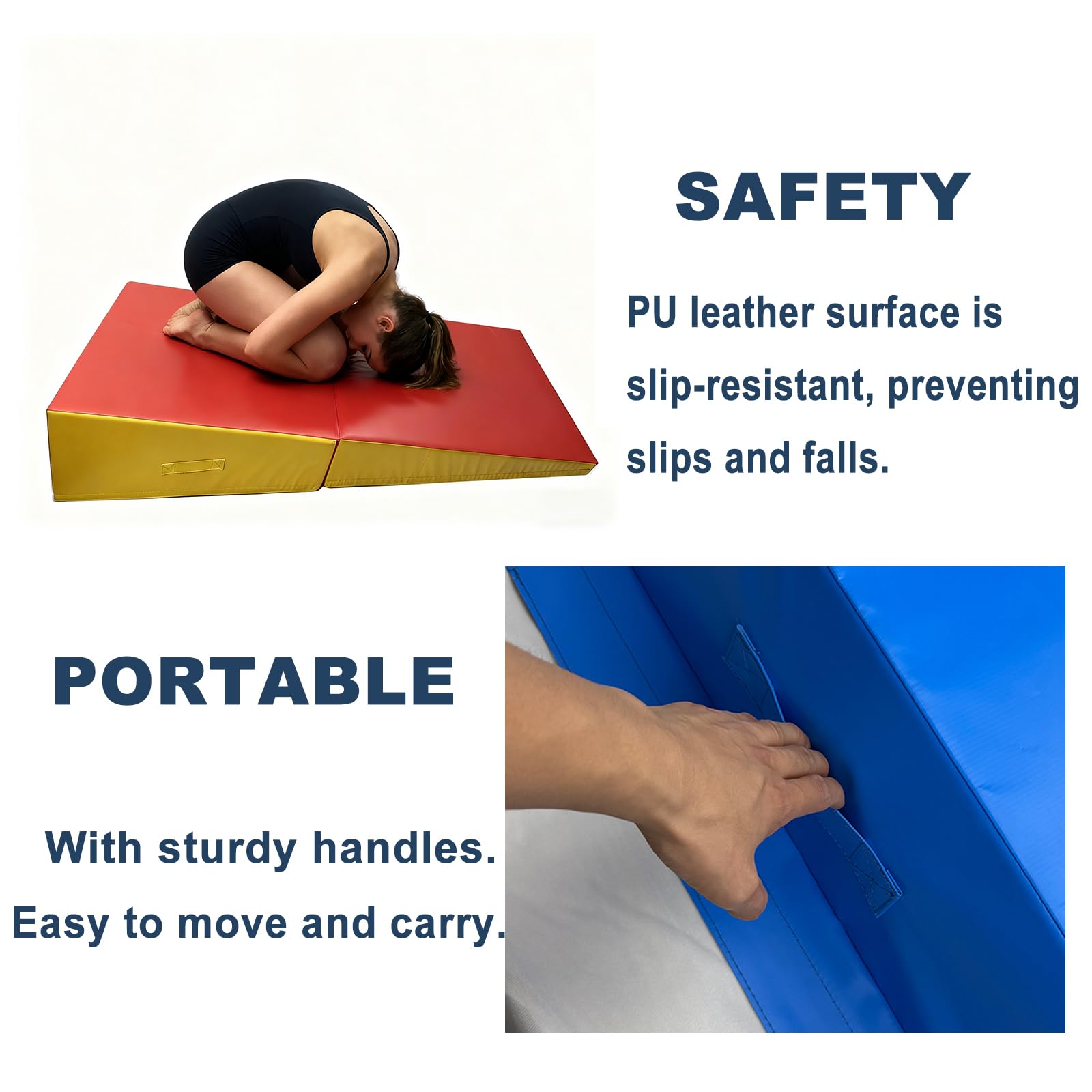 Pieghevole Materassino Ginnastica Inclinato, Tappetino Inclinato A Forma di Cuneo con Maniglia PVC Antiscivolo Tappetino Ginnastica per Allenamenti ACasa Aerobica Fitness 180x57x40cm