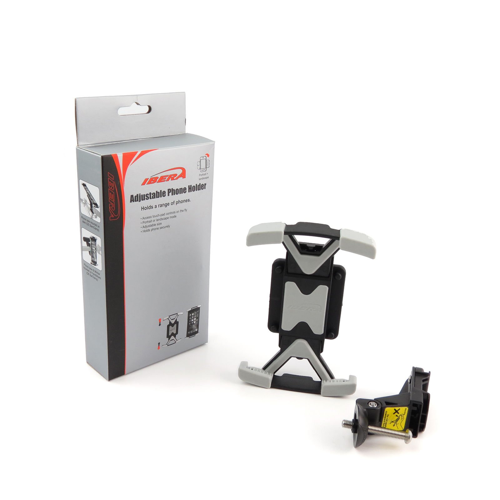 Ibera IB-PB26Q5 Adjustable Phone Holder, with Clamp for Stem, Maximum (H x W x D): 6.4 x 3.2 x 0.4 inches (163 x 82 x 9 mm), Minimum (H 5.1 x W 2.6 x D 0.3 inches (129 x 67 x 7 mm)