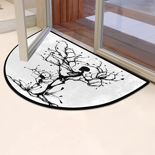 Miniatura 2 de FZDXZJJ Tapete medio redondo con diseño de esqueleto, diseño de calavera y árbol, tapete de bienvenida de Halloween negro para puerta delantera,