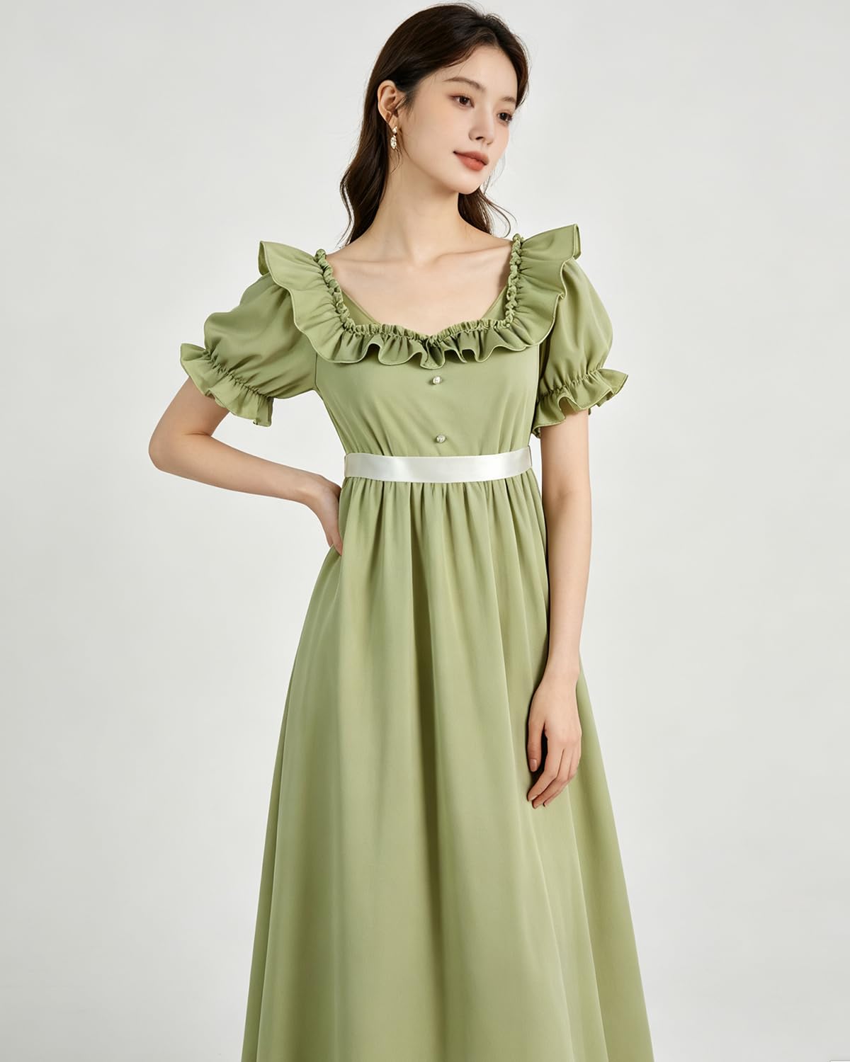 CR ROLECOS Regency - Abito da donna a vita impero, lungo, stile vittoriano, con maniche a sbuffo, guanti, colore verde