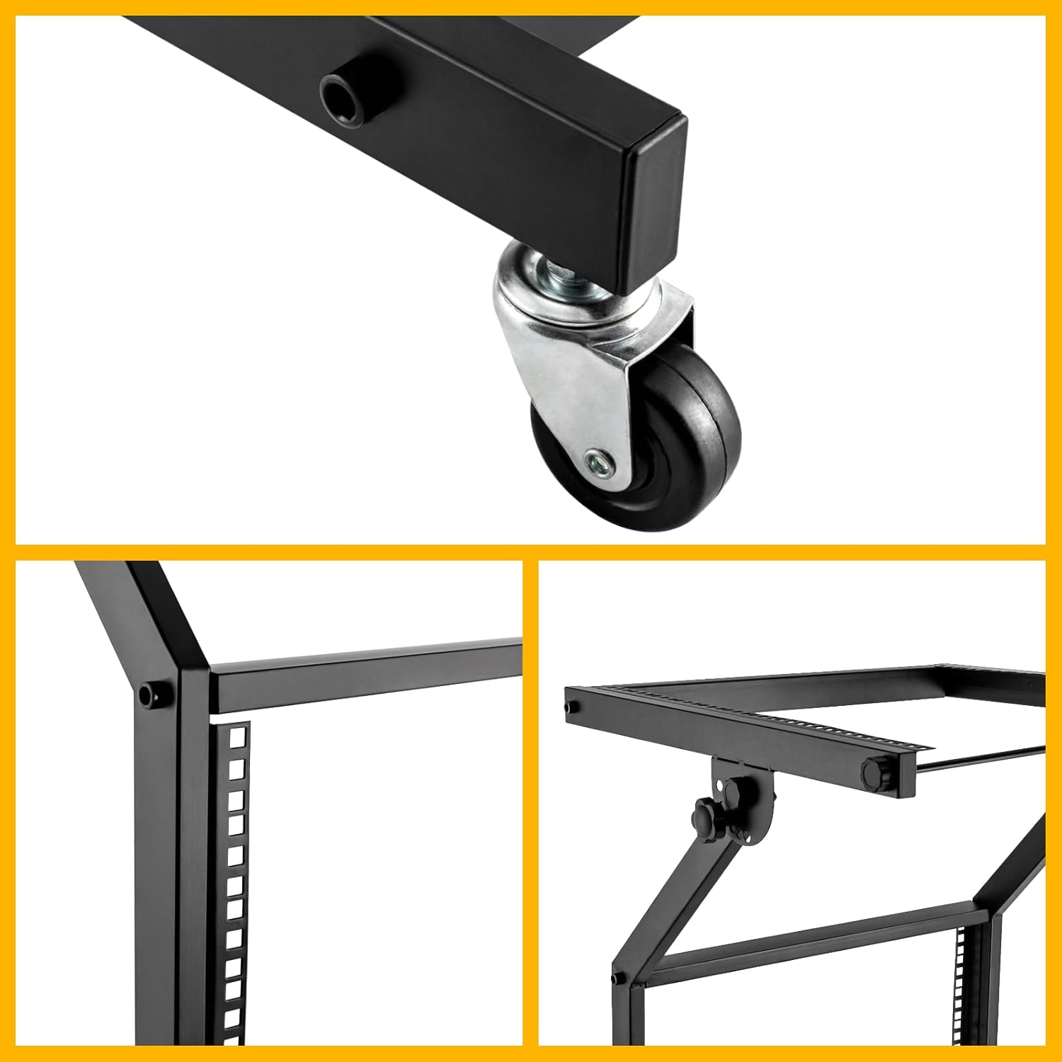 9U DJ Mixer Stand, Adjustable Angle 2-Layer Storage Iron Frame, 4 Wheels (2 with Brakes) Universal Rack for Audio Equipment, Studio, Stage, Club, Public Events, Easy Assembly and Cleaning, Black