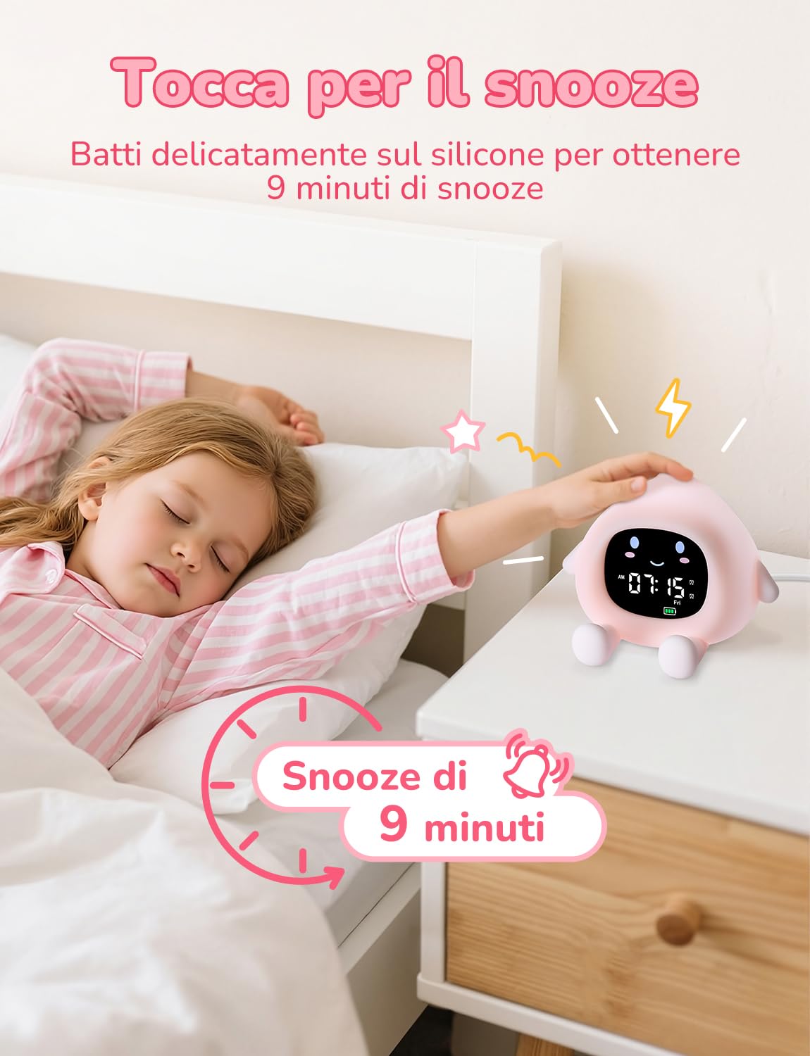 YISSVIC Sveglia Bambini Educativa con 2 Allarmi, Luminosità Regolabile, Formato 12/24h, Snooze e Luce Notturna 7 Colori (30s Auto-spegnimento). Include 10 Melodie e Rumore Bianco