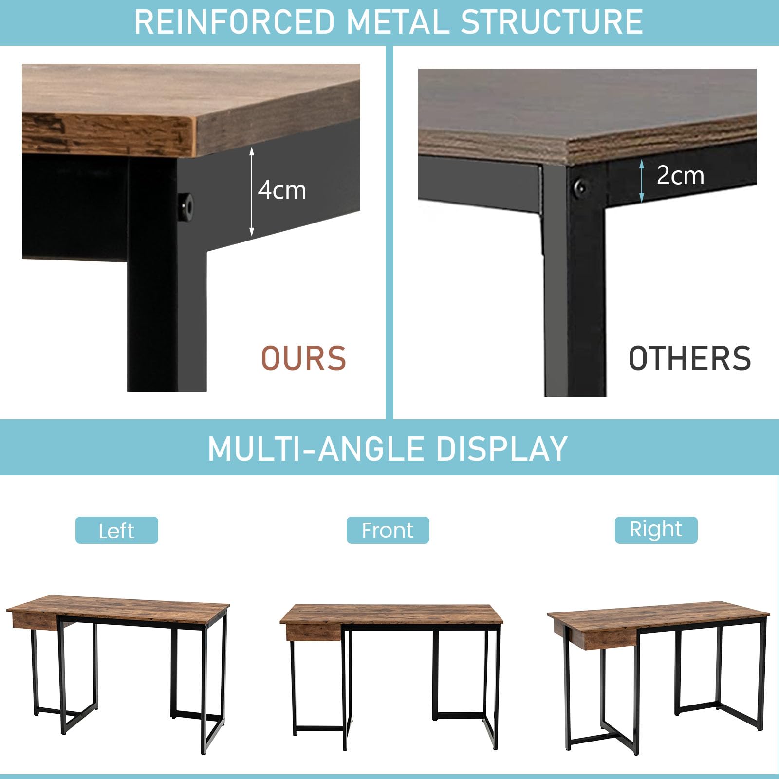 LIFEZEAL Escritorio de Ordenador con cajón, Mesa Escritorio de Ordenador de Madera, Estación de Trabajo de Estilo Industrial, Estructura de Metal, 120 x 55 x 75 cm (Marrón)
