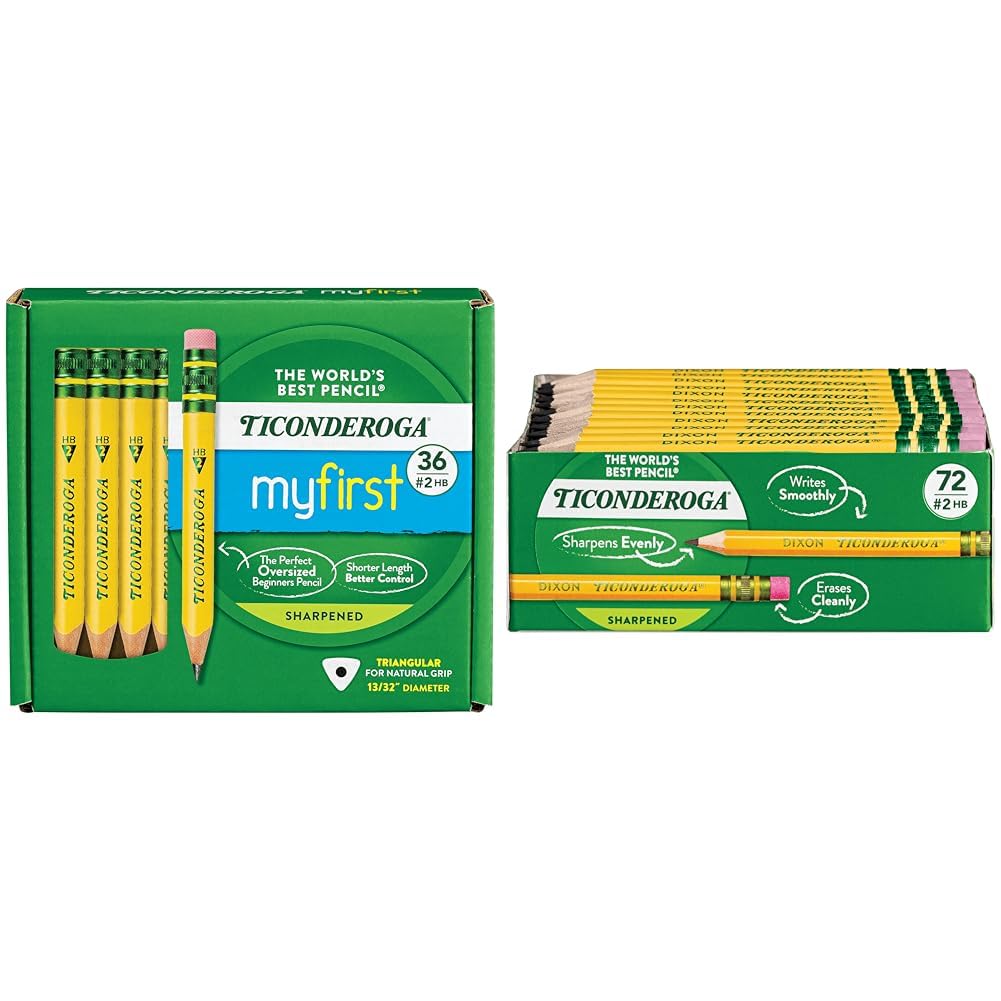 Ticonderoga My First Short Triangular Wood-Cased Pencils, 36 Count Golf Pencils, Pre-Sharpened, With Erasers, 72 Count