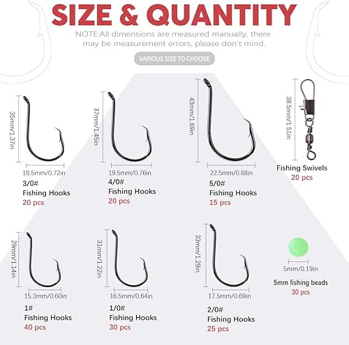 Miniatura 2 de Hilitchi 200 ganchos de pesca de 6 tamaños, diseño de punto compensado en acero de alto carbono, ganchos circulares para pesca de agua salada y agua
