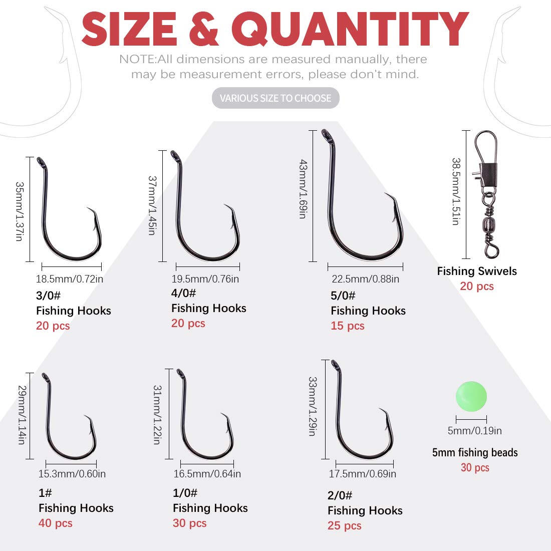 Hilitchi 200 Pcs 6 Sizes Fishing Hooks Offset Point Design in High Carbon Steel Construction Circle Hooks for Saltwater and Freshwater with Luminous Beads and Swivel Snaps - Image 2