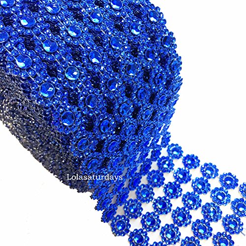 LolaSaturdays 4"x 30FT Diamond Rhinestone Ribbon Wrap Roll- Cake and Party Decoration (Flower, Royal Blue)