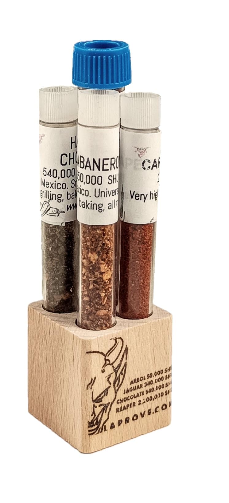 Jaguar, Cioccolato, Carolina Reaper e peperoncino Arbol in un cubo di legno con 4 lampadine 6gx2g+2g+2g.