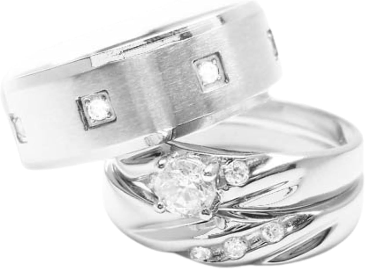 Kingsway Jewelry His & Hers 3 Pieces, 925 Sterling Silver & Stainless Steel Engagement Wedding Ring Set, Women Size 10, 11, 12