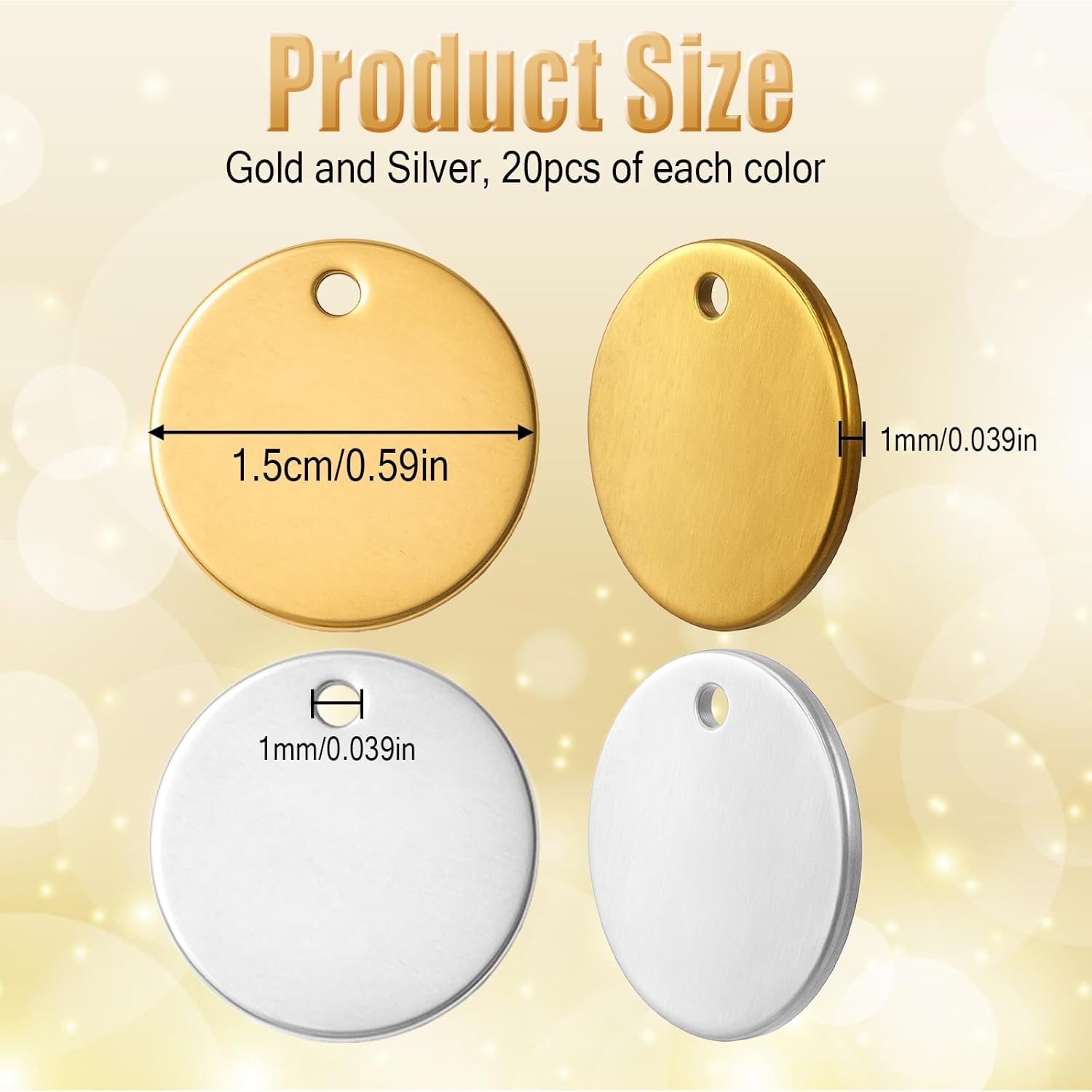 40PCS Metal Tags, 0.59 x 0.59 Stainless Steel Metal Tags for Engraving with Hole, Round Stamping Blanks for Engraving Bracelet Necklace Dog Tag(Silver, Gold) - Image 2