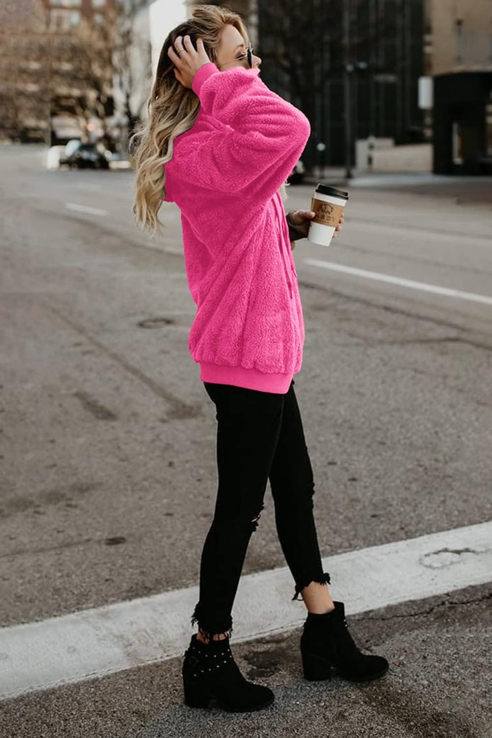 ReachMe Womens Oversized Sherpa Pullover Hoodie with Pockets Fuzzy Fleece Sweatshirt Plaid Fluffy Jacket Coat - Image 3