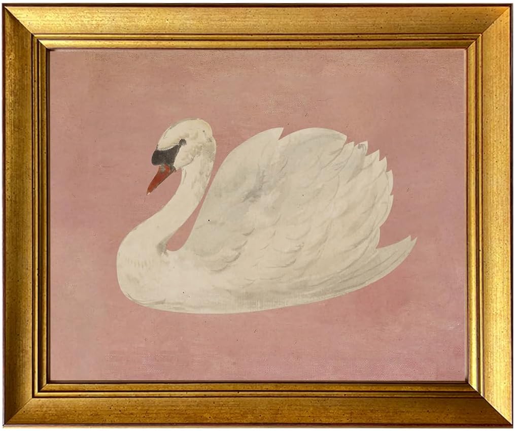 Vintage Swan Painting Gold Framed Wall Art Home Decor Farmhouse Pink Canvas Print Cute Swan Painting Artworks for Girly Bathroom Decor Living Room Bedroom