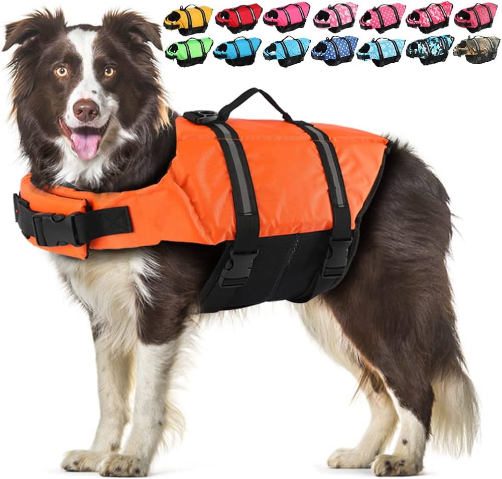 Adjustable Dog Life Jacket with Rescue Handle EMUST Dog Life Vests Dog Flotation Vest for Small