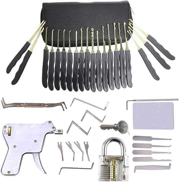 33-Piece Lock Pick Set and Boutique PU Bag with 1 Transparent Training Locks and Credit Card Lock Pick Tool Kit by RUIKUN +Lock Pick Gun+ Guides for Beginner and Pro Locksmiths