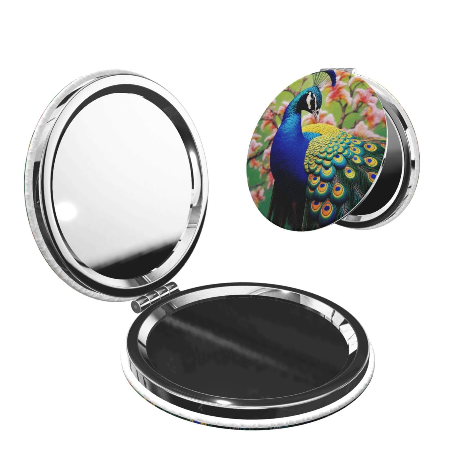DWVTSLH Peacock Compact Mirror for Purse, Double-Sided 2X/1X Magnifying Mirror for Women Men, Travel Makeup Mirror for Handbag, Handheld Vanity Mirror for Gift
