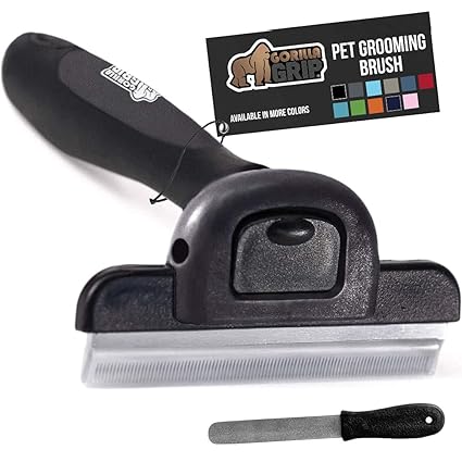 Gorilla Grip Premium Dog and Cat Grooming Brush, Pet Deshedding Tool, Effectively Reduces Shedding, Slip Resistant Silicone Handle Quick Release Comb, Safe and Gentle Long or Short Hair Remover, Blac