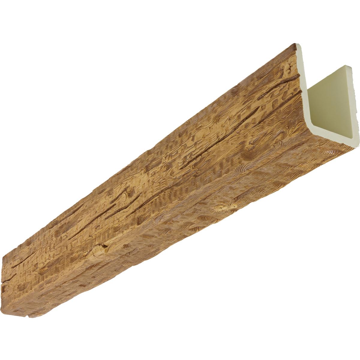 heritage timber salvaged timber faux wood beam, 3-sided (u-beam), 3 1/2"w x 3 1/2"h x 72"l, warm caramel finish