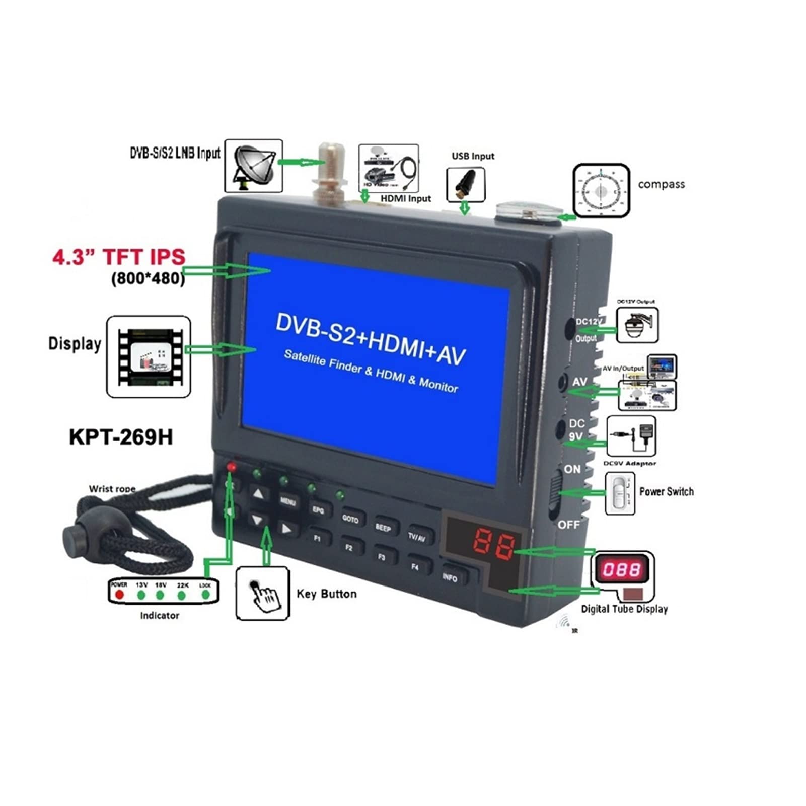 KPT-269H DVB-S2 Finder satellitare pieno HD Satellite digitale tv Misuratore del ricercatore ricevitore MPEG-4 DVB-S,Serie Pro