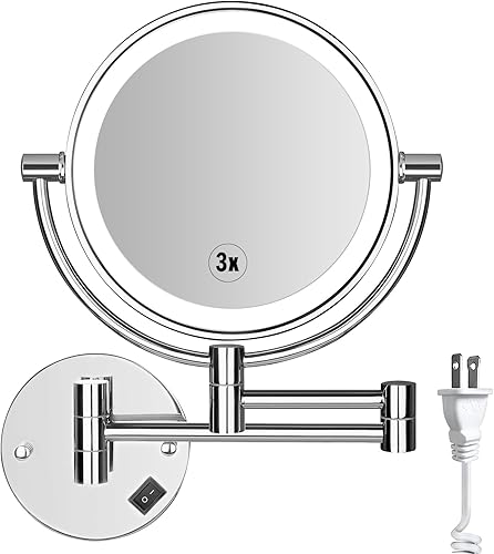 SanaWell Espejo de maquillaje LED de 8 pulgadas, espejo de tocador de aumento de doble cara 1x3x, brazo de poste extensible de 13 pulgadas con
