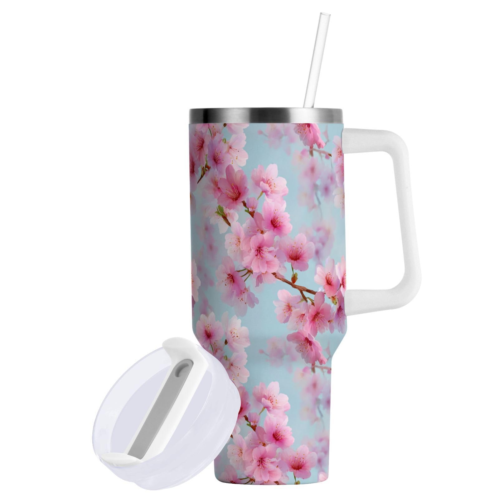 Pink Cherry Blossom Flower Tumbler with Handle and Straw Leak Proof Tumbler 2 in 1 Lid In…