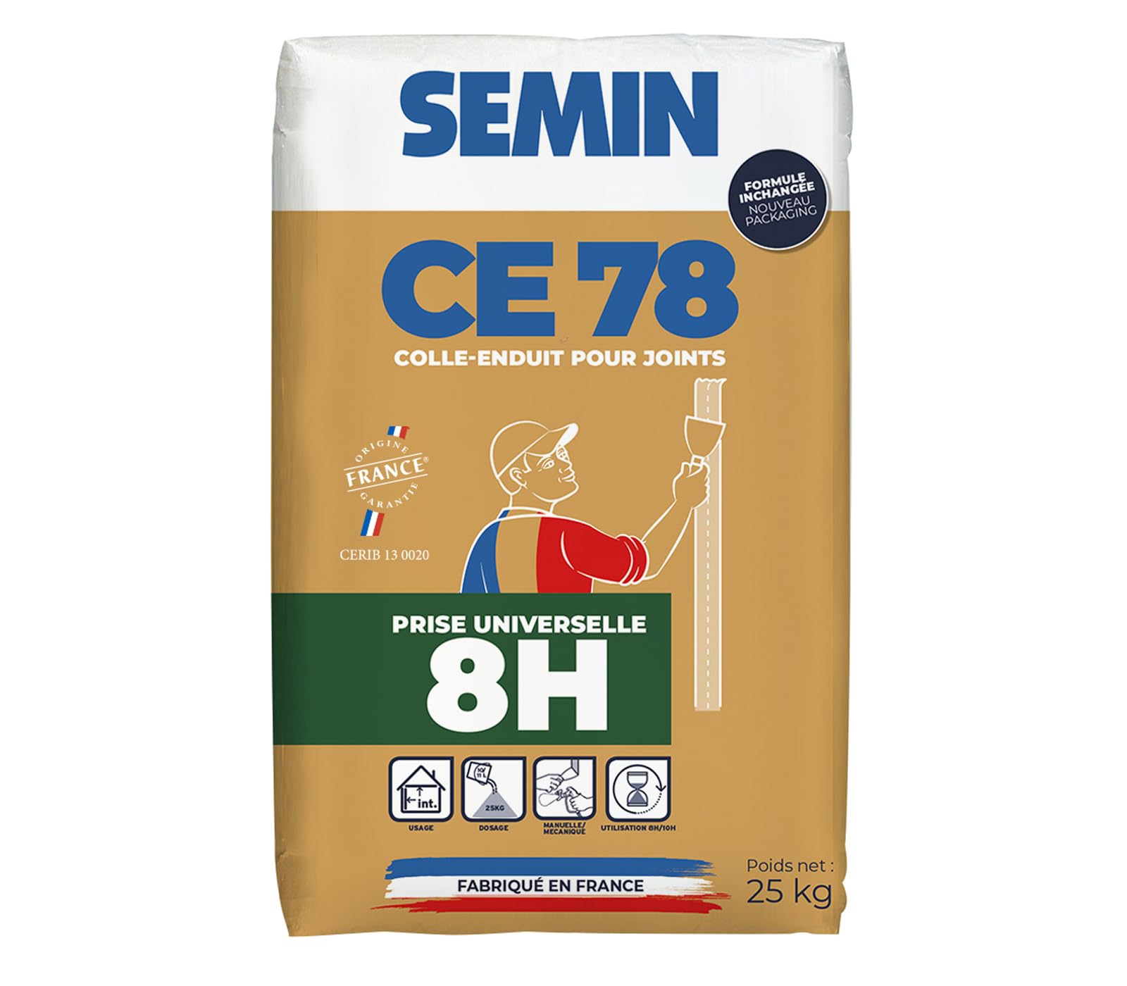 Enduit pour Joints de Plaques de Plâtre CE 78 Universelle 8 Heures Semin, Intérieur, Sac de 25 kg