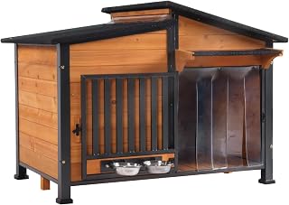 GUTINNEEN Dog House Outdoor Dog Kennel with Chew-Proof Metal Frame, Rotating Food Bowl, PVC Door Curtain, Weatherproof for Small Medium Dogs, 39.7" L x 25.5" W x 32.2" H (Dark Brown)