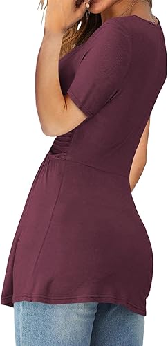 Miniatura 3 de Tankaneo Blusa de mujer con nudo frontal, cuello en V, manga corta, holgada, estilo túnica, para verano, de un solo color, suéter casual