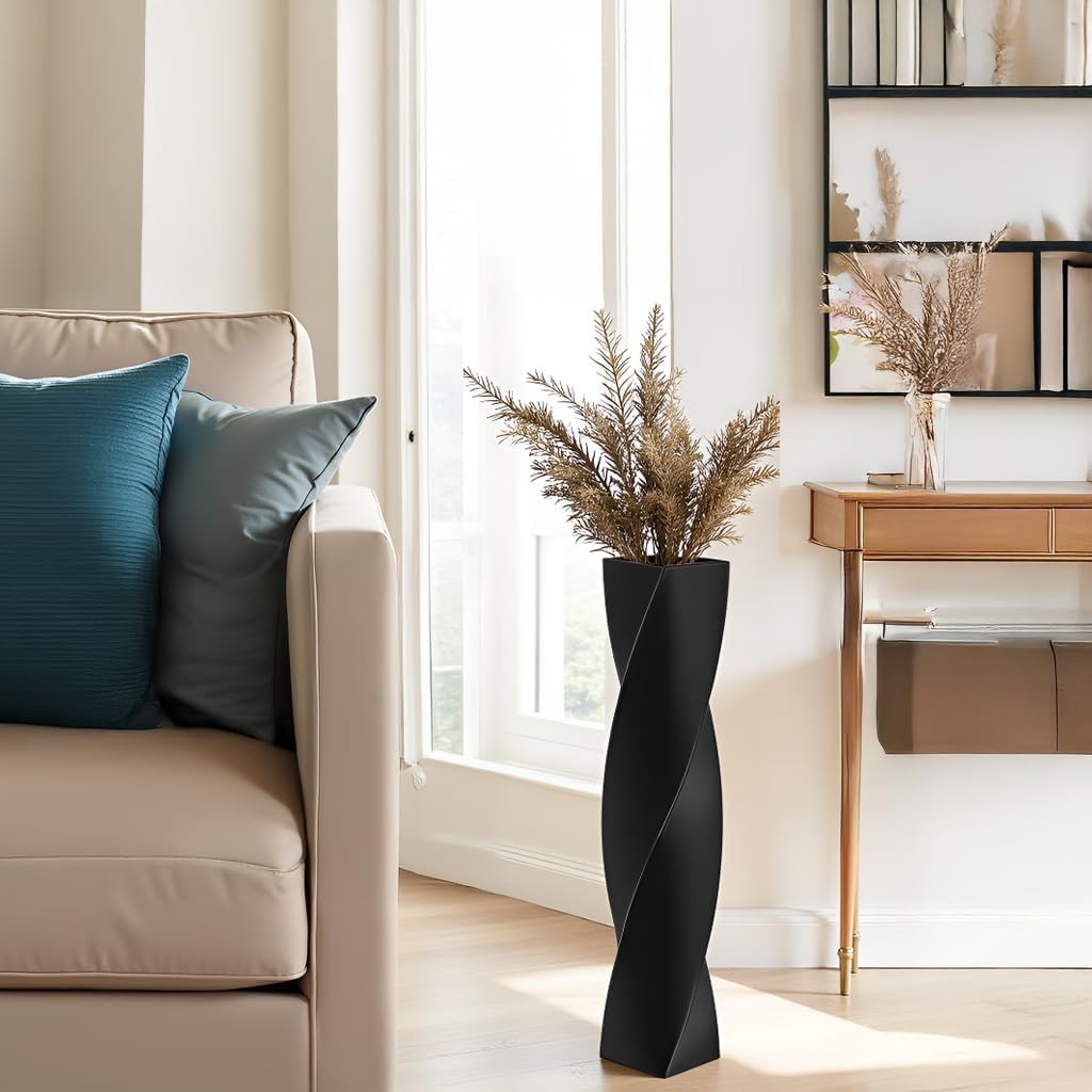 Tall Black Resin Floor Vase - 23.6 Inch Modern Square Twist Vases for Home Decor, Large Decorative Vase for Dried Flowers, Pampas Grass, Centerpiece - Matte Finish - Image 4