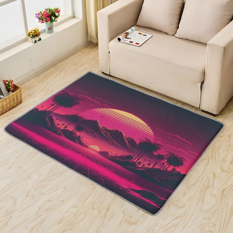 Miniatura 4 de Vaporwave Rug - Alfombra de neón para sala de estar, dormitorio, montaña y puesta de sol de 4 x 6 pies, lavable, antideslizante y suave, no