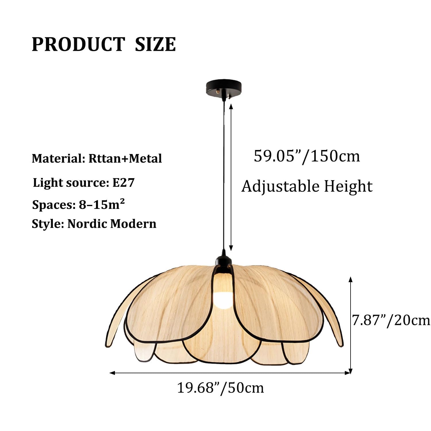 Mid Century Modern Rattan Pendant Light Flower Shape Design Chandelier Creative Hanging Ceiling Fixture Decoration for Balcony, Bedroom, Living Room (50 CM)