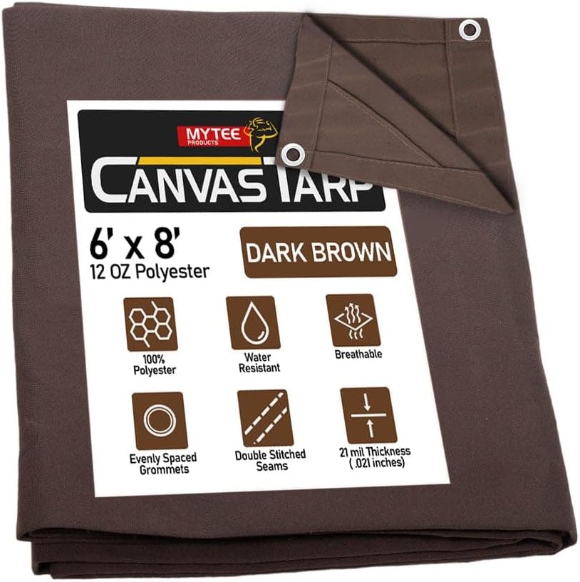 Mytee Products 6' x 8' Dark Brown Canvas Tarp 12oz - Water Resistant & Breathable - Heavy Duty Tarps - Multipurpose Tarpaulin Cover for Camping Tent