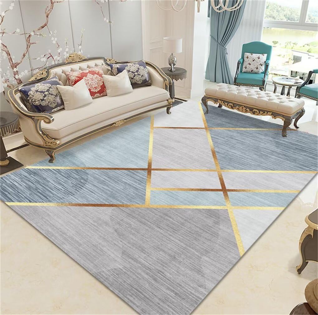 Tapis de salon 90x180cm gris et bleu au design géométrique moderne