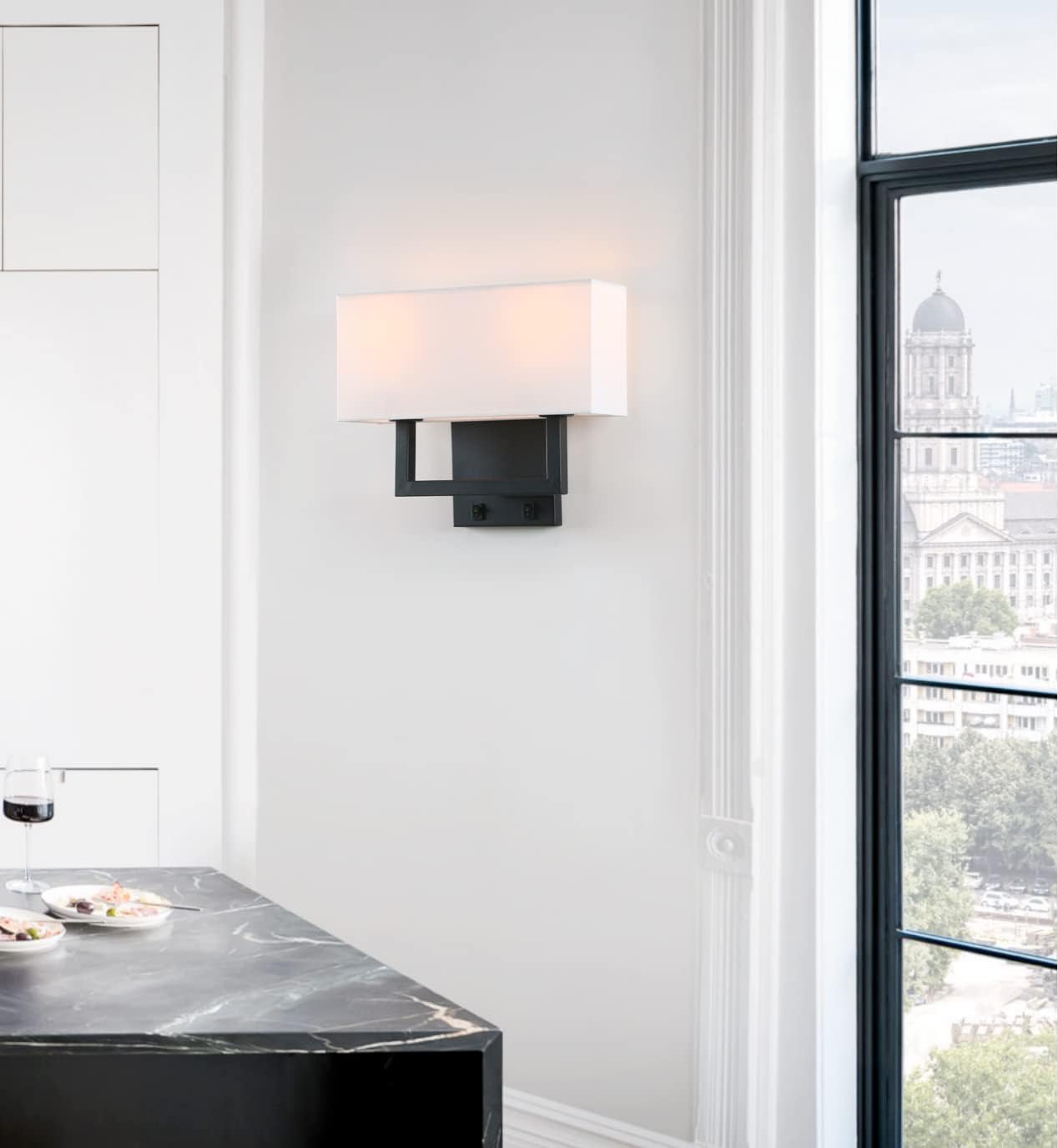 PERMO Wall Sconces Black Finish Double Sconce with White Textile Shades and On/Off Switch Button Wall Light Fixture for Living Room Bedroom Bedside Nightstand Light