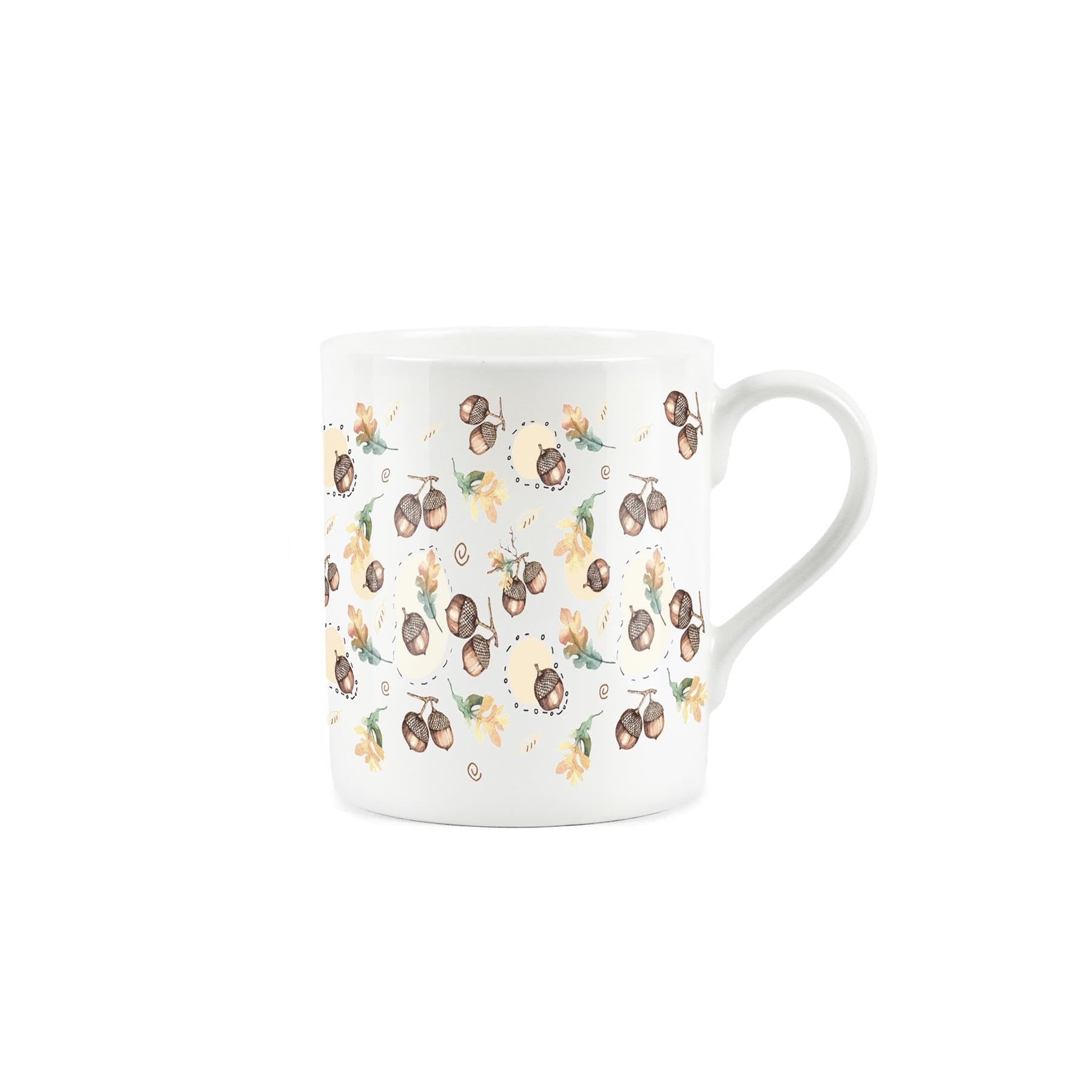 Forest Acorns Mug - Woodland Nature Leaf Print - Small Bone China White Mug Coffee/Tea Present