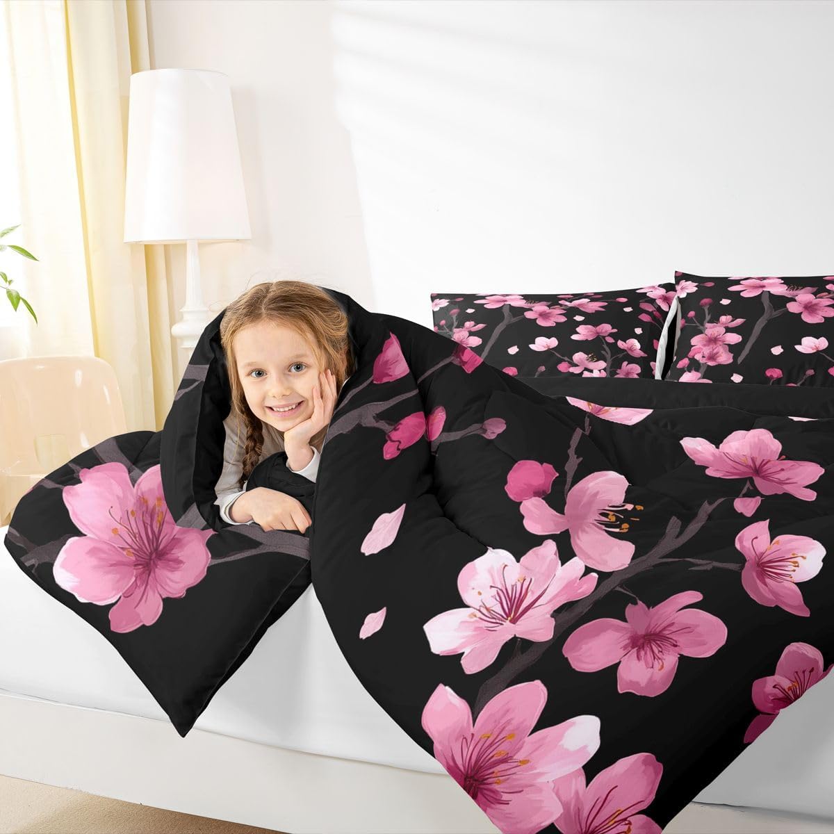 Erosebridal Pink Cherry Blossoms Comforter Set Twin Sakura Flower Bedding Set, Black and Pink Bedding Comforter Sets Japanese Style Duvet, Aesthetic Spring Theme Quilted Comforter Soft (2 Piece)