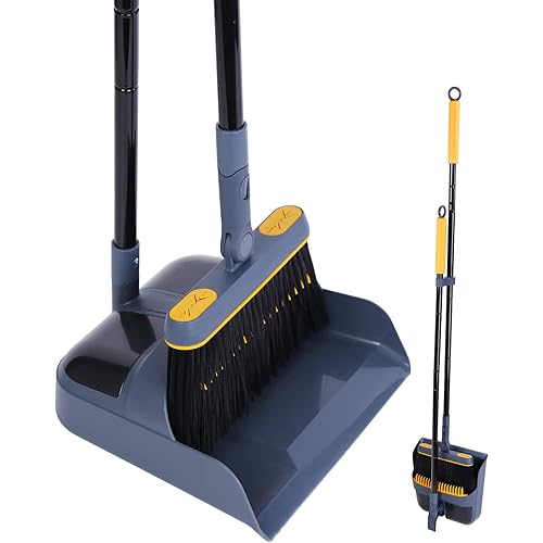 JEHONN Broom and Dustpan Set for Home, 54 Inches Long Handle Lightweight 180 Degree Rotating Indoor Upright Standing Dust Pan with Comb Teeth, Store Sweep Set for Room Kitchen Lobby Office