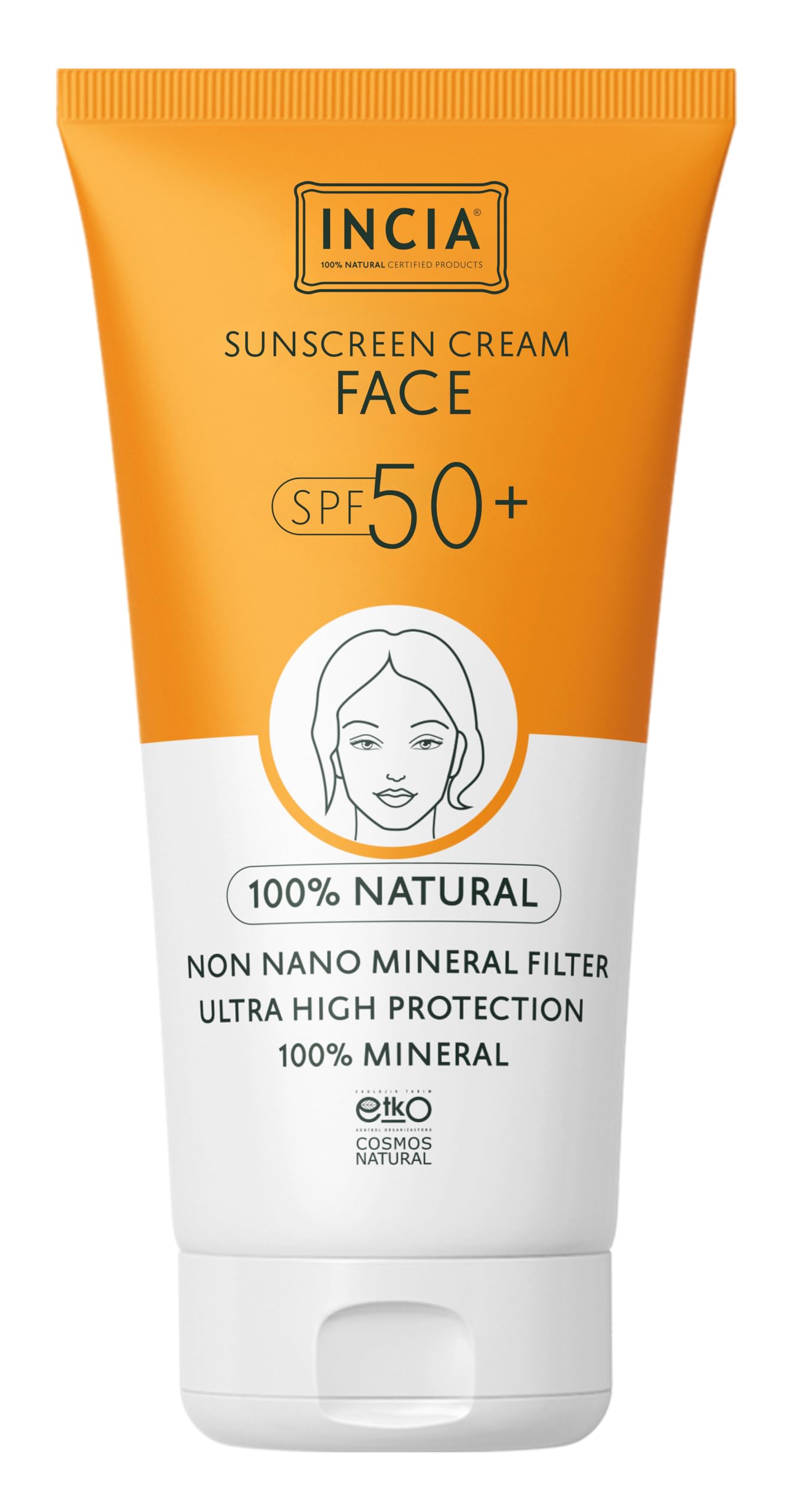 INCIA%100 Doğal Yüz Güneş Kremi Leke Karşıtı Mineral Filtreli Yüksek Koruma SPF50 UVA UVB 50 ml