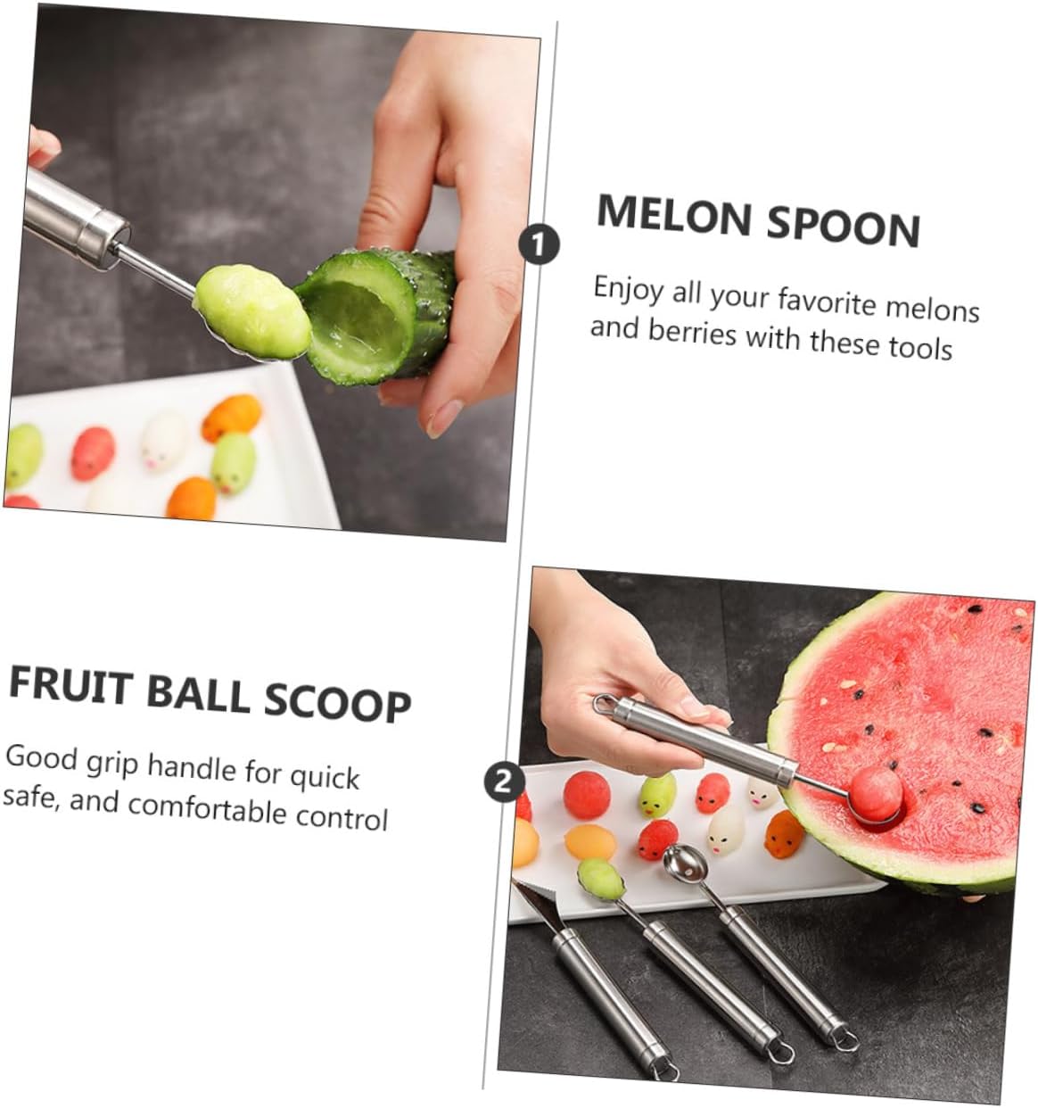 Amosfun 4Pcs Stainless Steel Fruit Baller Melon Baller Scoop and Carved Cutter for Digging and Serving Kitchen