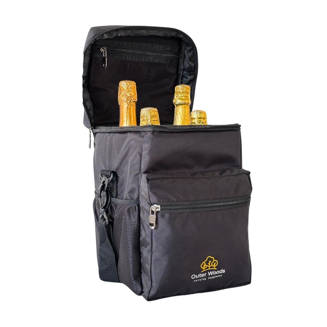 Outer Woods 4 Bottle Cooler Bag | 6+ Hour Cooling | Insulated Beverage Carrier with 4 Ice Gel Packs | Travel Picnic Wine & Beer Holder | Can Cooler Bag (Black)