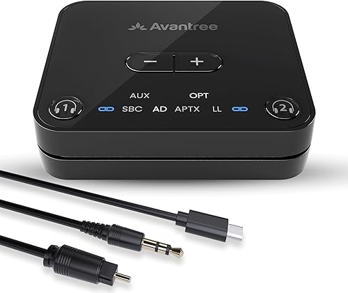 Avantree Audikast 3 – Transmisor Bluetooth 5.3 para audio de TV solo a través de salidas ópticas y AUX, aptX Adaptive, conexión para dos