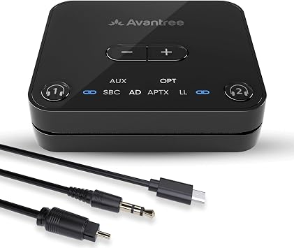 Avantree Audikast 3 Bluetooth 5.3 Transmitter for TV Audio via Optical & AUX Outputs Only, aptX Adaptive, Dual Headphone Connection, 100ft Range Not for HDMIOnly TVs