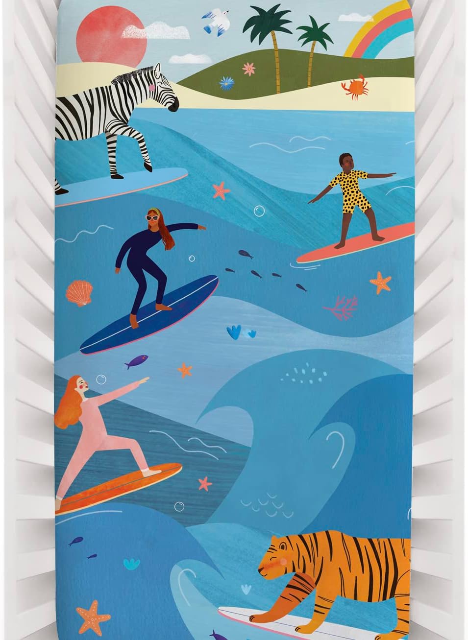 Rookie Humans 100% Cotton Sateen Fitted Crib Sheet: Surfing Safari. Modern Nursery, Use as a Photo Background for Your Baby Pictures. Standard Crib Size (52 x 28 inches)