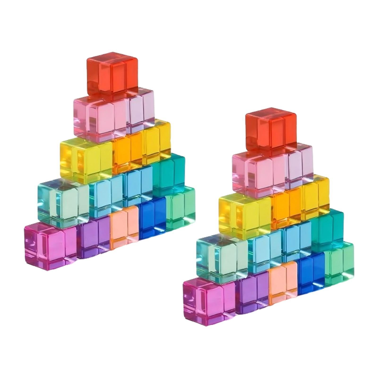 Rainbow Building Blocks Set Designed for Sensory Play with Transparent Acrylic Cubes for Ages 3-6, 30Pcs