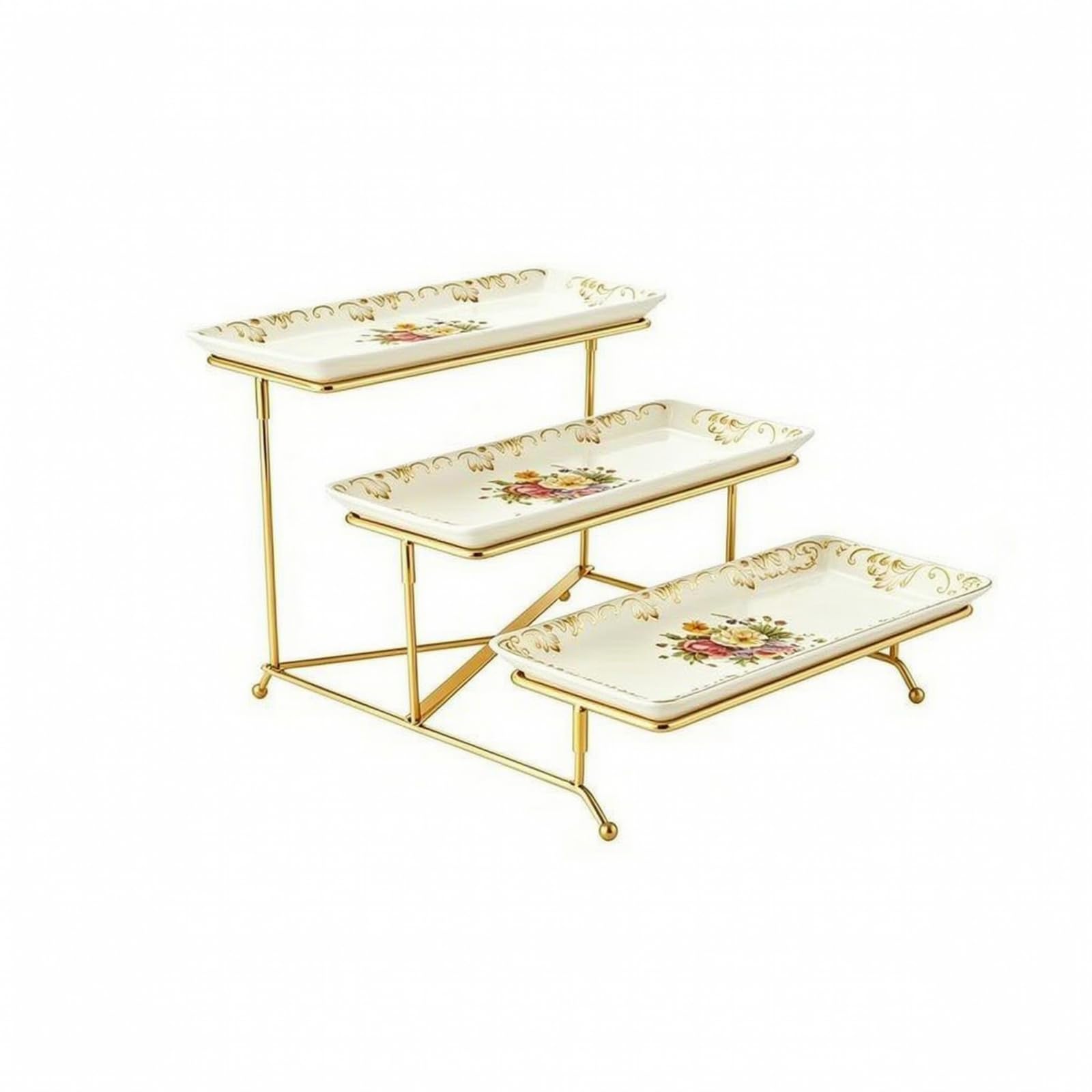 Qianly Alzatina con Vassoi Ceramici e Struttura in Metallo Multiuso Alzatina a Livelli Elegante Servizio Feste, Intrattenimento, Fiori