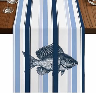 Ocean Fish 48 Inch Table Runner, Watercolor Navy Blue Aqua Stripe Modern Farmhouse Dresser Scarf Cotton & Linen Tablerunner for Dining/Kitchen Island/Holiday Party Décor 13" x 48"