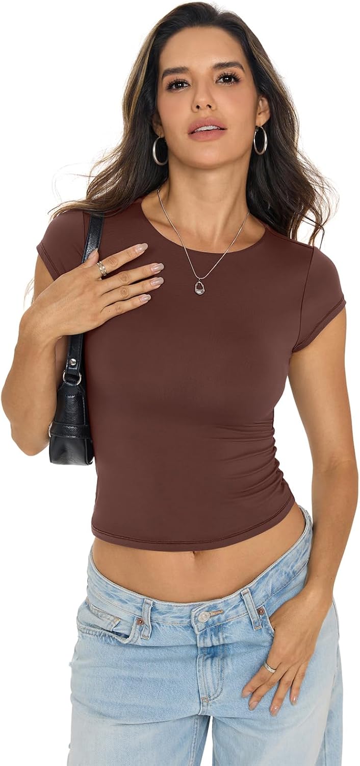 Womens Double Lined Tops Cropped Cap Sleeve Shirts Crew Neck Fitted Baby Tee Y2k Summer Clothes 2026 - Image 2