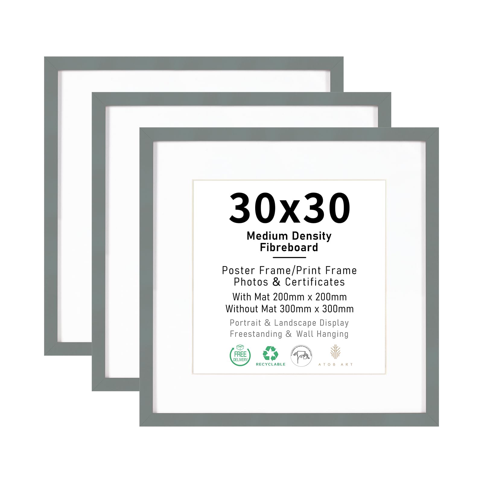 30x30 Picture Frame Set of 3, Display 20x20cm or 30x30cm Images, Dark Grey Wood Photo Frames for Wall Mounting Display